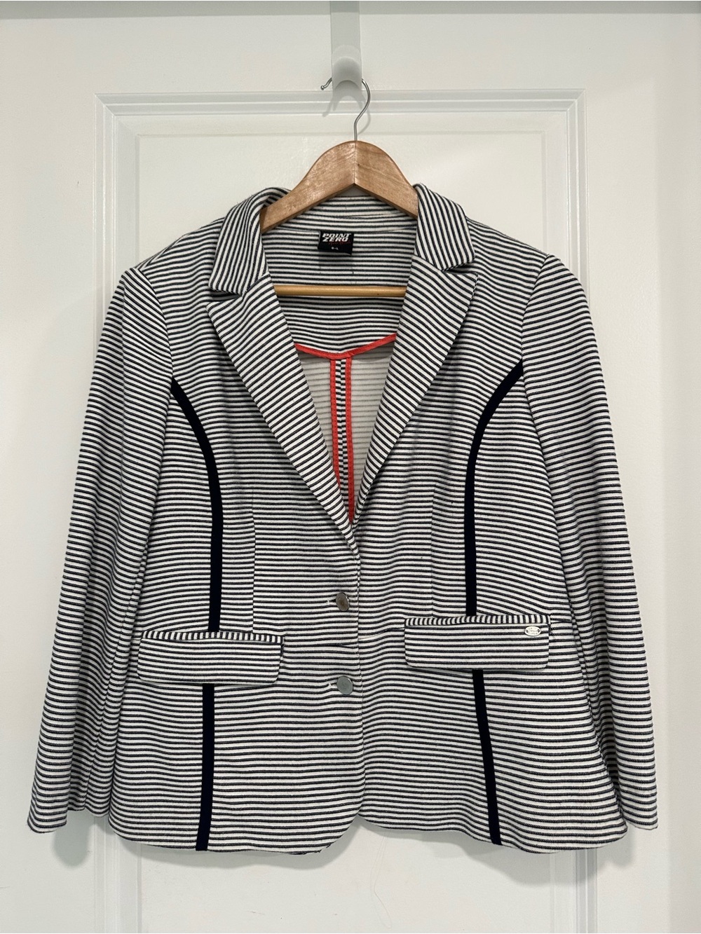 Point Zero 2010s Navy and White Striped Blazer with Navy Trim Cropped Sleeve